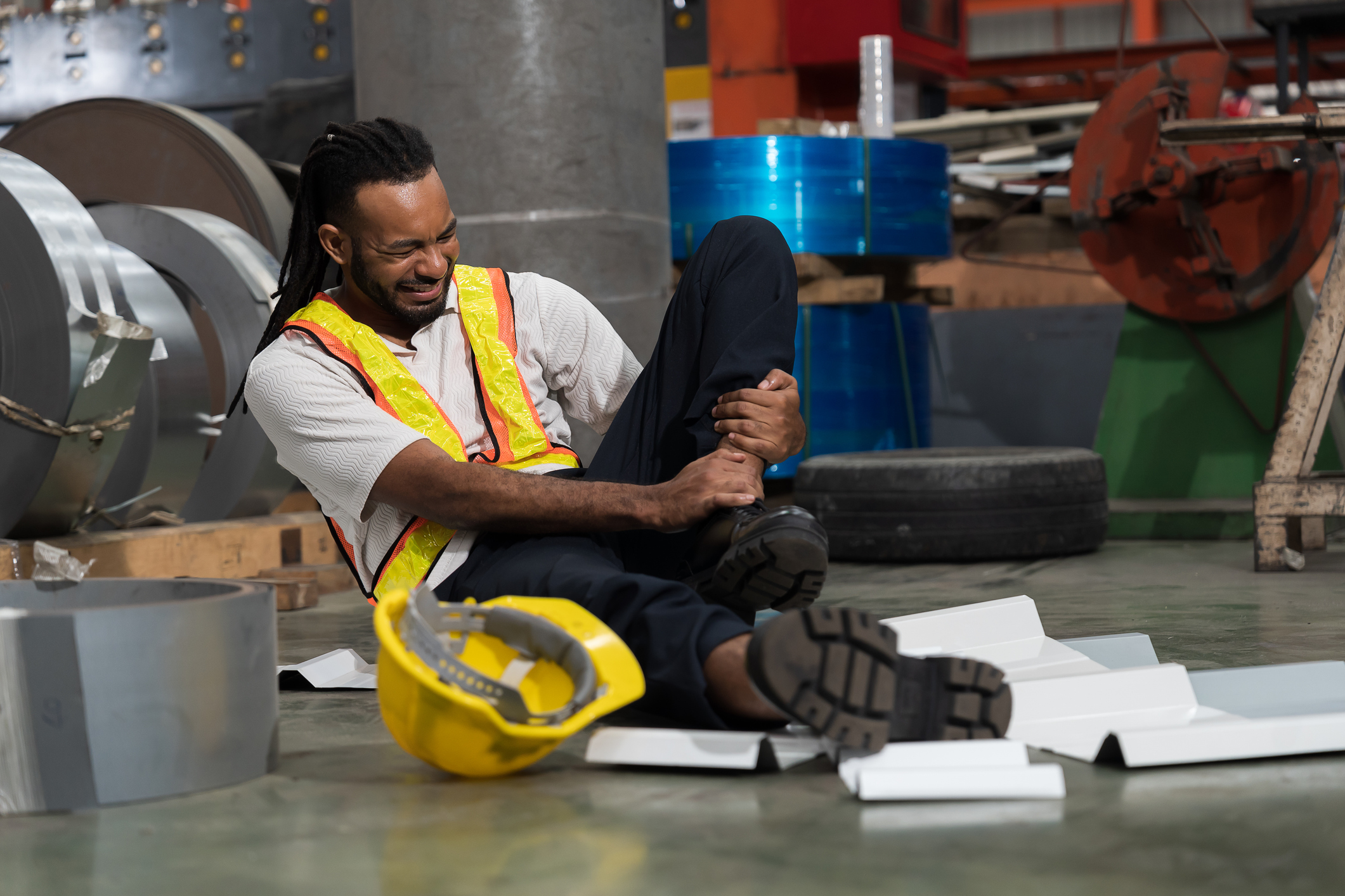 Worker on a factory floor experiencing a specific work injury after a slip-and-fall, holding his leg in pain beside scattered materials and a fallen hard hat.