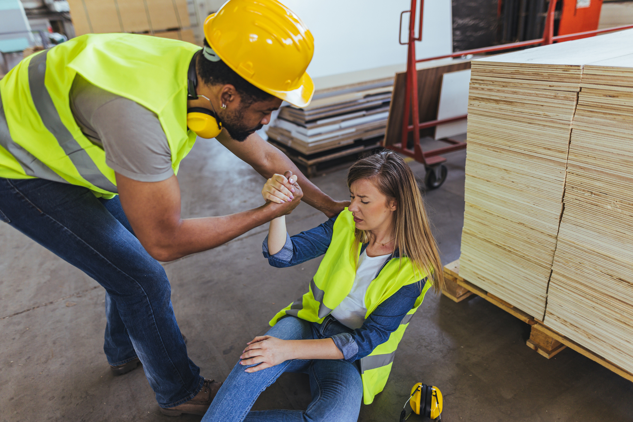 Injured worker sitting on the floor of a jobsite being helped up by a coworker, representing a situation that may lead to a third-party work injury claim.